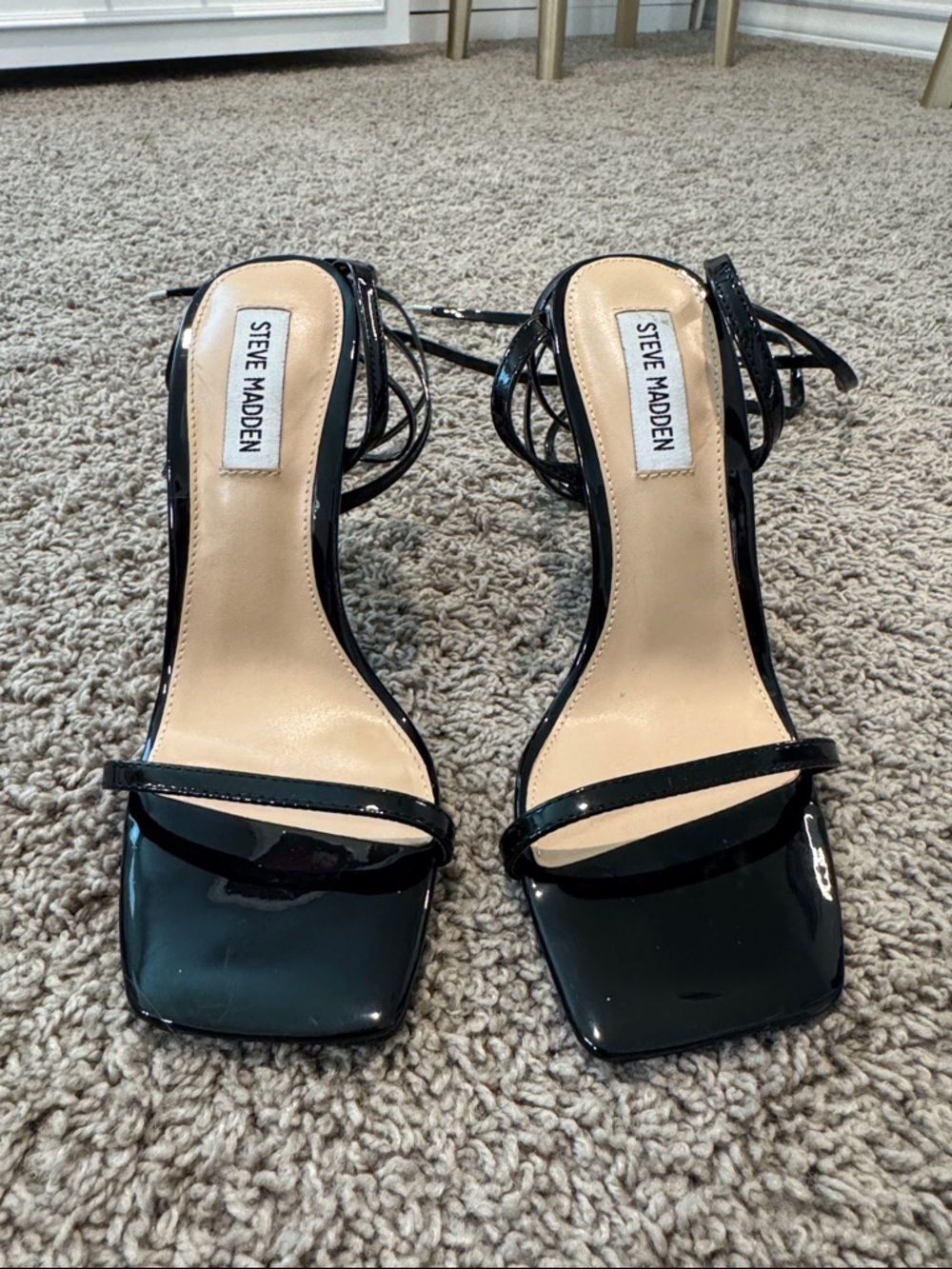Steve Madden Black Patent Strappy Square-Toe Ankle-Tie Heels